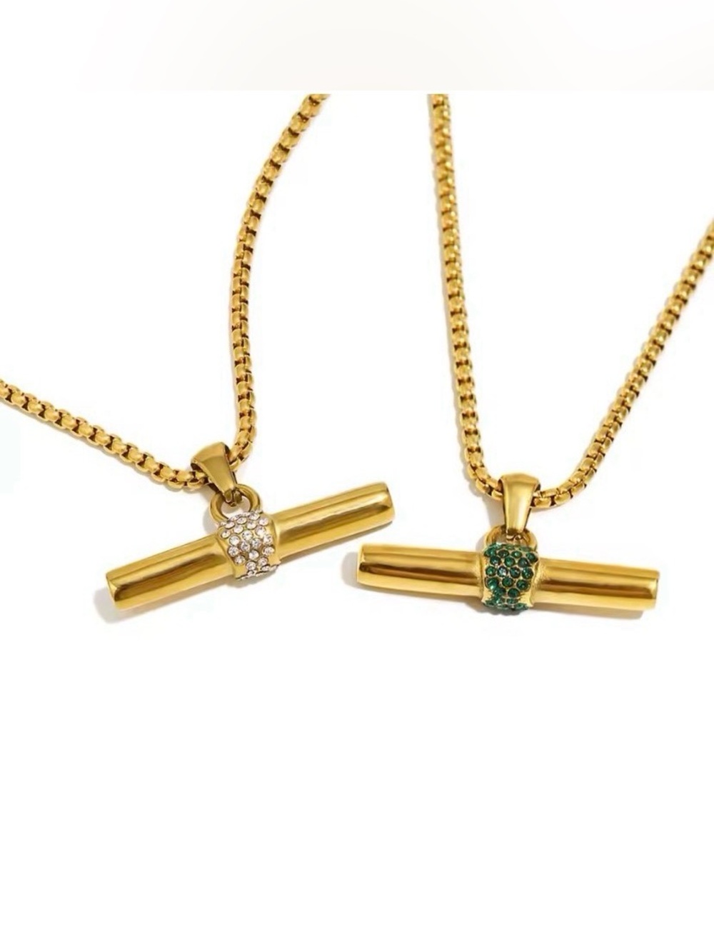 Bar 5A CZ Pendant Box Chain Necklace 18K Gold Filled